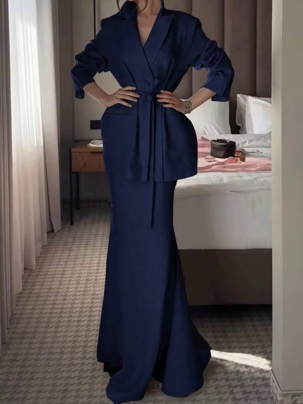 Elegant Navy Wrap-Top Maxi Skirt Set - Women